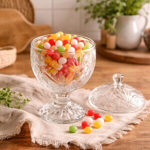 Luminarc Crystal Candy Dish Lidded Egg VTG Pedestal Glass Starburst Trinket Jar